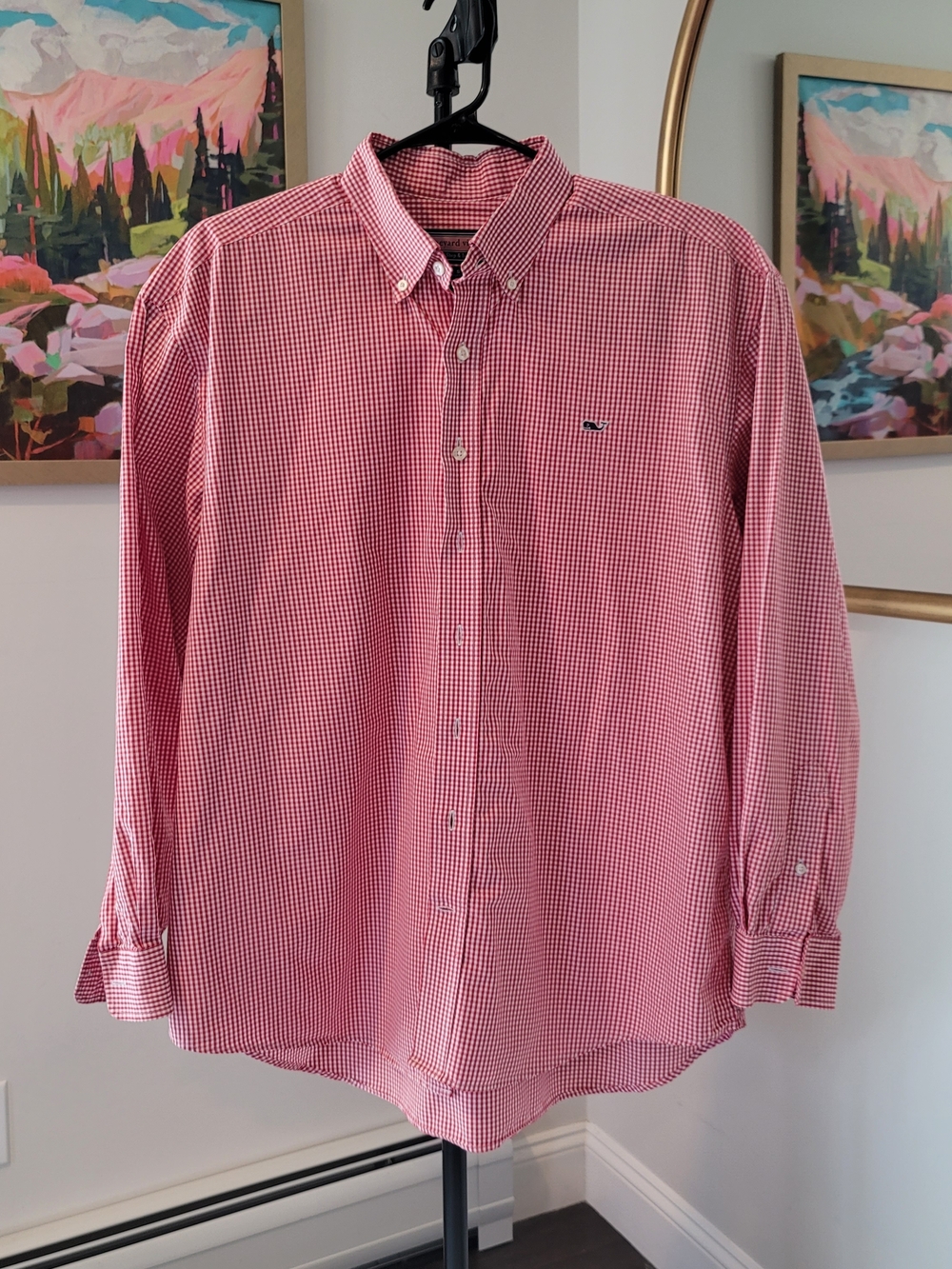 VINEYARD VINES Whale Shirt 100% Cotton Red Gingham Check Button Down Size XL
